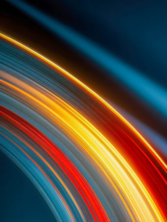 Vibrant streaks of red, yellow, and blue glide gracefully across a dark backdrop, forming flowing...
