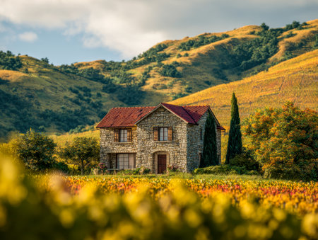 A charming stone cottage with a crimson roof sits amid a colorful sea of blooms, framed by lush trees and gentle hills beneath a tranquil, overcast sky.の写真素材