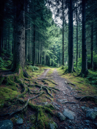 A peaceful woodland path means amidst towering pines, featuring twisting roots and vibrant moss,...