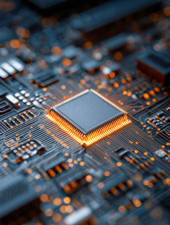 A vivid close-up revealing a luminous microchip nestled among complex circuitry, with shimmering...