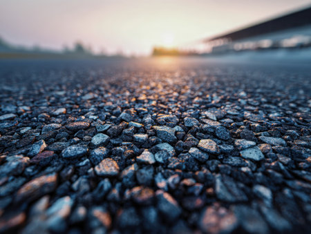 Amber sunset casts a gentle glow on weathered pavement, highlighting coarse textures and subtle cracks, creating a calm, inviting mood in an urban setting.の写真素材