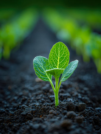 A vibrant, tender sprout emerging amidst fertile soil as first light dawns, embodying hope, renewal, and the promise of future abundance in nature's early morning glの写真素材