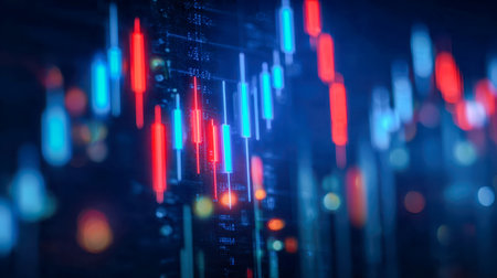 A lively, high-tech visualization showcasing luminous red and blue candlesticks that depict rapid market shifts, set against a sleek, futuristic abstract backdrop.の写真素材