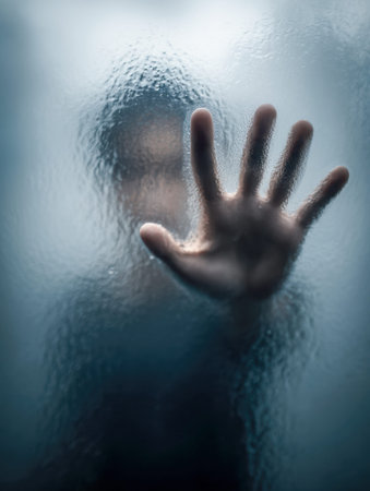 A shadowy silhouette extends their hand toward the glass, evoking intrigue and solitude amid dim,...