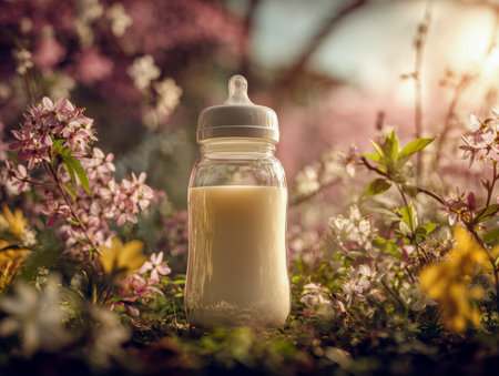 A gentle scene of a milk-filled baby bottle resting amid vibrant blossoms and lush greenery, illuminated by warm, diffused sunlight creating a peaceful atmosphere.の写真素材