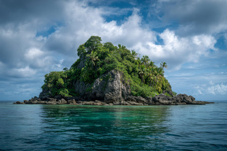 Anuched island with verdant foliage and rugged formations rests peacefully in gentle azure seas,...