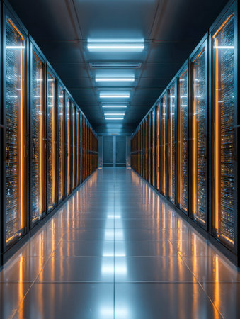 A sleek, cutting-edge technology corridor featuring glowing server enclosures and a mirror-like...