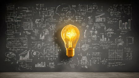 An illuminated filament radiates inspiration amid a dark chalkboard adorned with intricate...