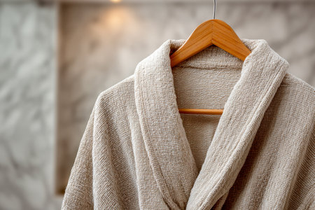 A plush beige robe with intricate fabric details drapes gracefully on a polished wooden hanger, set against a contemporary bathroom with warm, ambient glow.の写真素材