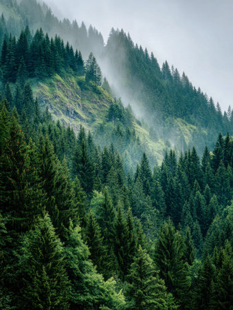 A peaceful mountain scene blanketed in vibrant evergreens, with gentle mist flowing through slopes...