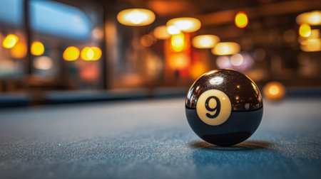 A sleek black nine ball lies on a vivid blue felt surface, illuminated softly by warm, inviting lighting, with a cozy, blurred interior backdrop enhancing the scene'の写真素材