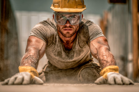 A focused construction laborer in a protective helmet and goggles extends forward, dust and grime on...