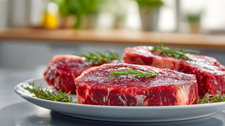 Juicy, seasoned ribeye slices garnished with fragrant rosemary, arranged on a clean white dish,...