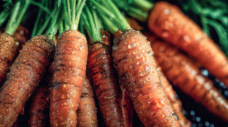 Vibrant orange carrots with lush green tops rest in a rustic display, glistening with morning...