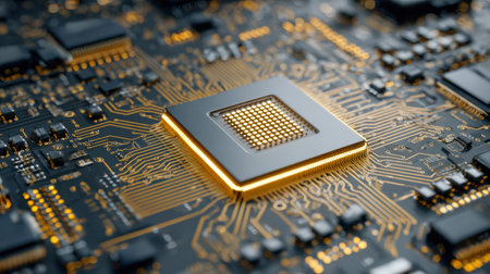 A luxurious gold-plated microchip securely embedded amid intricate black circuitry, surrounded by...
