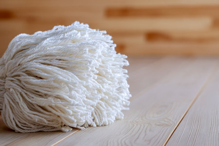A soft, pristine cotton cleaning tool rests gently on a polished wooden surface, illuminated by inviting warm light highlighting the rich grain and inviting atmospheの写真素材