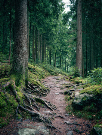 A tranquil woodland trail means through vibrant greenery, with gnarled roots spanning the soft...