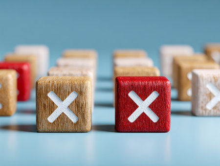 A precise arrangement of carved white x marks on wooden blocks displays contrasting natural hues and vibrant red accents, sharply focused in the foreground amid a blの写真素材