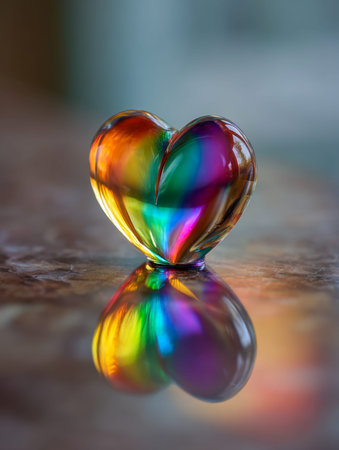 A dazzling rainbow-hued glass heart shines intensely, its reflections shimmering on a sleek surface,...