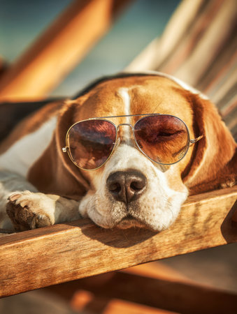 A laid-back beagle lounges in a rustic wooden hammock, sporting trendy shades as golden sunlight and a gentle breeze create a serene outdoor scene.の写真素材