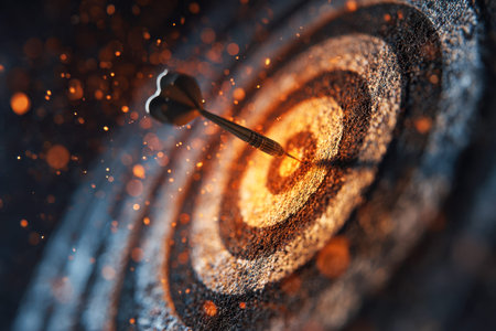 A sharp dart strikes the bullseye of a colorful target, igniting brilliant orange sparks that...