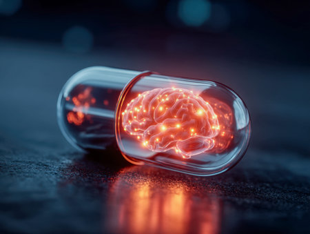 A luminous, intricate brain-shaped core enclosed in a sleek, see-through capsule, radiating energy...