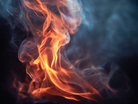 Vibrant flames ignite in energetic spirals, blending with ethereal blue smoke, set against a shadowy...
