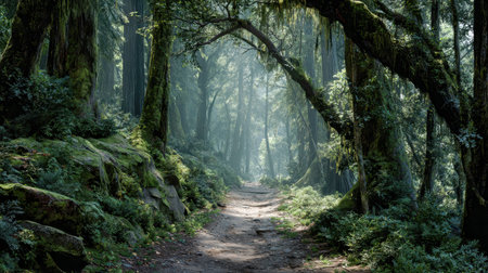 A tranquil woodland pathway cloaked in lush moss, illuminated by gentle sunlight filtering through...