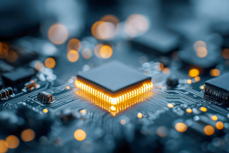 A luminous microprocessor illuminates a detailed circuit board, with radiant golden pathways...