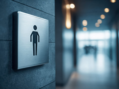A polished metal icon marks the men's restroom entrance, set against a softly blurred pathway of...