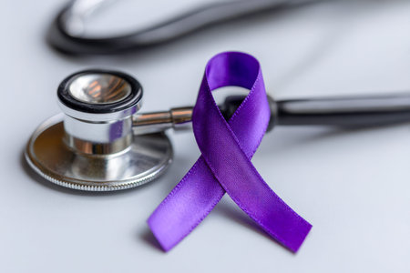 A lavender ribbon intertwined with a stethoscope, set against a clean white backdrop, embodying...