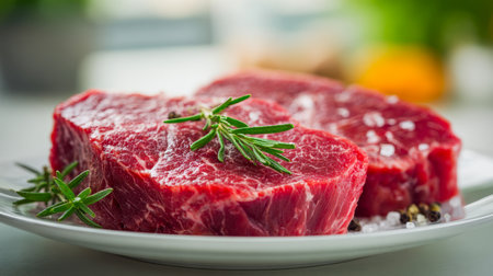 Juicy beef cuts garnished with coarse salt and fragrant rosemary atop a pristine white plate, perfect for a flavorful grill session in a sunny kitchen.の写真素材