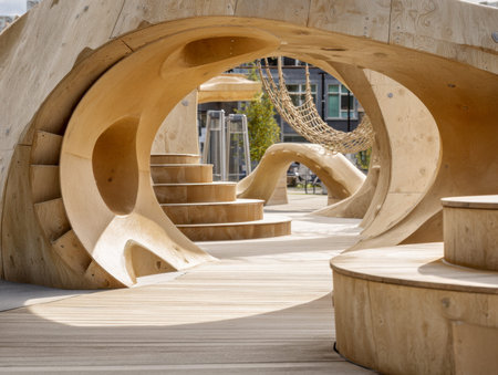 A vibrant outdoor play area showcasing sculptural wooden elements, gentle curves, and interactive...
