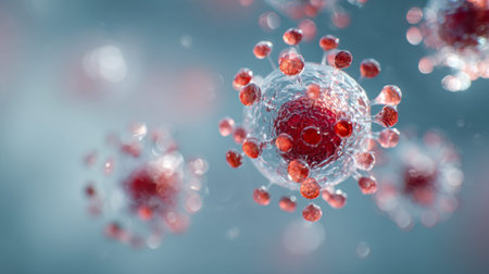 Abstract digital artwork depicting microscopic virus structures with vivid red protrusions suspended in a blue cellular landscape, illustrating concepts of health thの写真素材