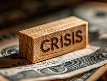 A rustic wooden cube with â€œcrisisâ€ inscribed on it rests atop a disorganized spread of...