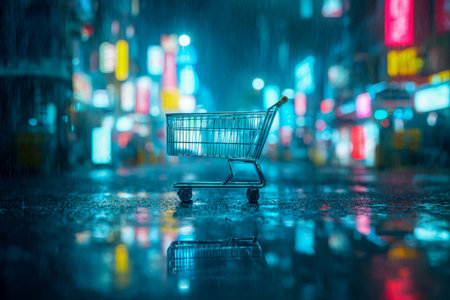 A miniature shopping cart rests on a shimmering, rain-soaked pavement, mirrored reflections...