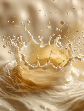 A vibrant swirl of silky beige liquid erupts into an intricate crown, capturing fluid motion and artistic elegance with a gentle, dreamy backdrop.の写真素材