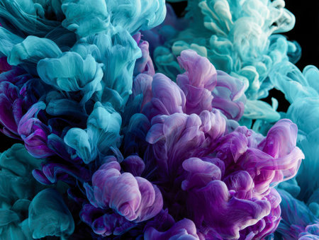 A stunning display of violet and azure inks dance fluidly in liquid, forming ethereal, cloud-like...