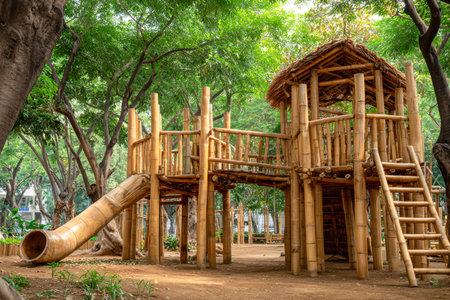 Bright sunlight filters through dense green foliage as children enjoy climbing a natural bamboo...
