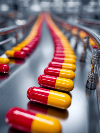 Bright, two-toned capsules move methodically along a sleek, metallic belt within a state-of-the-art...