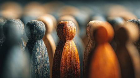 A line of uniform wooden figures in subdued hues, with a single central figure accentuated to...