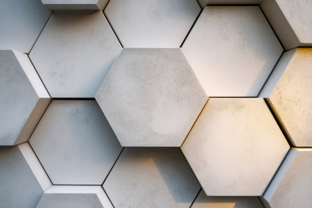 A sleek arrangement of interconnected hexagonal concrete panels forms a contemporary 3d wall, featuring subtle shadows and gentle highlights for a dynamic architectuの写真素材