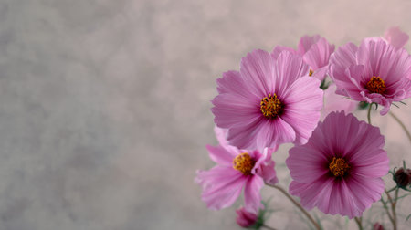 Gentle pink cosmos blossoms unfold their tender petals, accented by vivid centers, set against a...