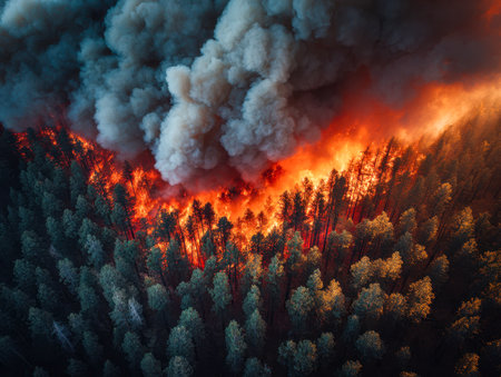 A sweeping aerial perspective captures a fierce blaze sweeping through thick pine woods as towering smoke billows upward under gathering twilight shadows.の写真素材