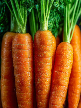 Bright orange carrots with verdant tops glisten with water droplets, nestled in a natural setting, perfect for nutritious bites or flavorful dishes.の写真素材