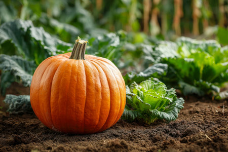 A vibrant orange pumpkin nestled among lush green foliage, thriving in rich soil within a lively garden scene illuminated by daylight.の写真素材