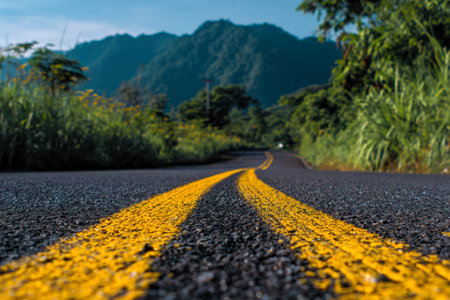 A picturesque journey along a curving pathway edged with bright yellow lines, surrounded by vibrant...