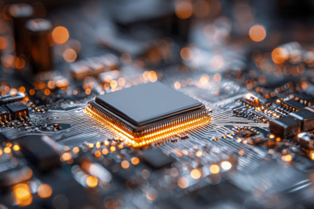 A sleek microchip radiates a warm golden glow amid a detailed array of circuitry, highlighting...