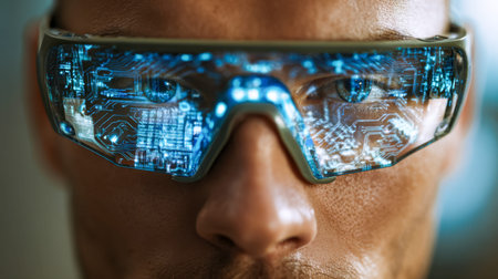 A forward-thinking man dons sleek digital eyewear, its surface unveiling intricate circuitry,...