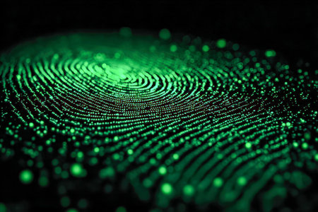 A vibrant green fingerprint made of shimmering particles illuminates the digital space, representing cutting-edge security measures and technological innovation.の写真素材